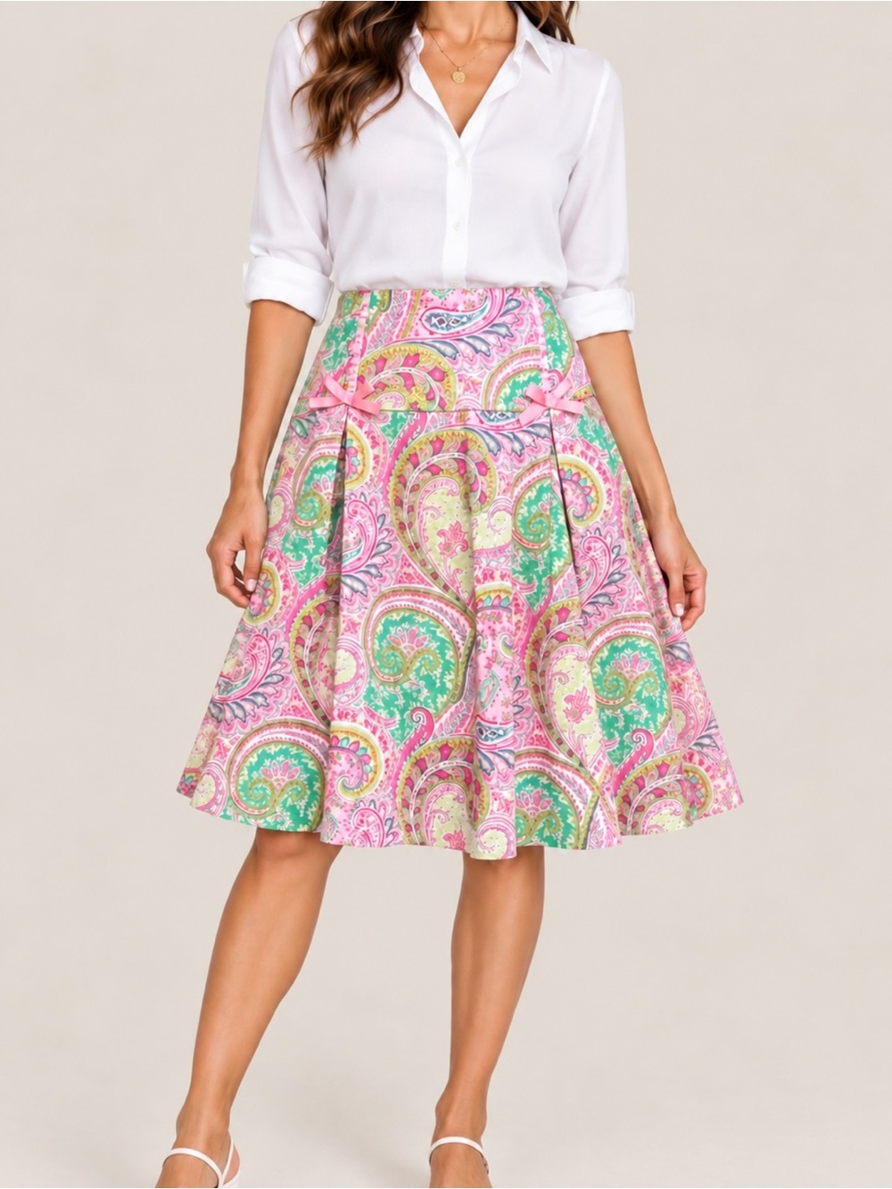 Ninety Womens Size 10 Paisley Skirt Pink Green Bow Pleated A Line Knee Length